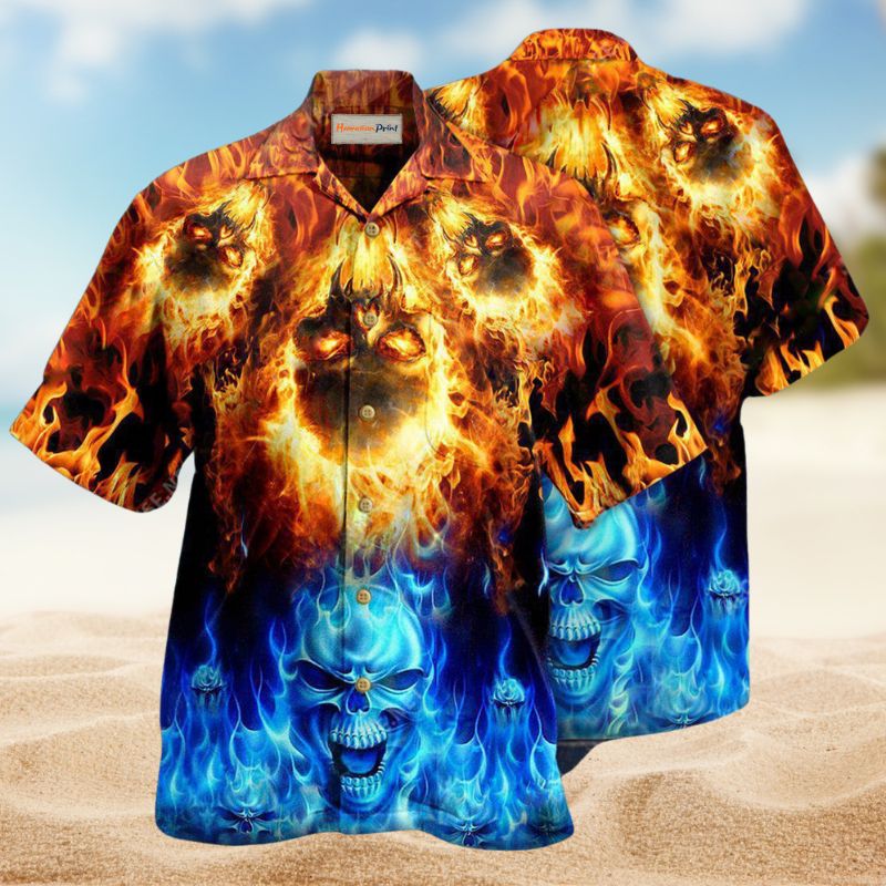 Skulls Fire Burning Forever Hawaiian Shirt For Island Parties Bold Artwork And Everyday Summer Style