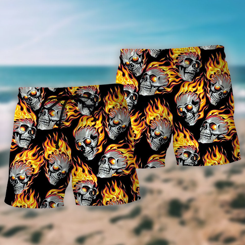 Flaming Skull Fire Beach Shorts Pattern Detail For Weekend Travel And Bright Summer Outfits