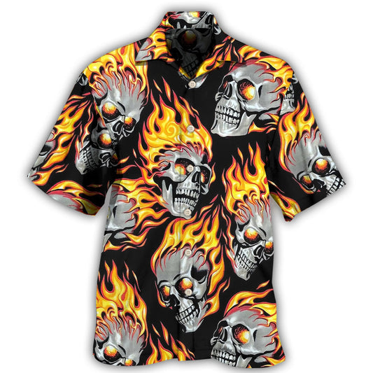 Dark Creative Flaming Skulls Fire Hawaiian Shirt For Island Vacations, Resort Wear, And Relaxed Seasonal Style