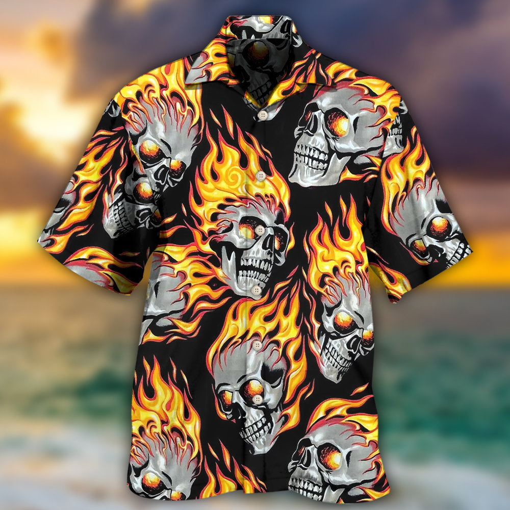 Flame Skull Hawaiian Shirt With All Over Print For Tropical Escapes Resort Wear And Outdoor Celebrations