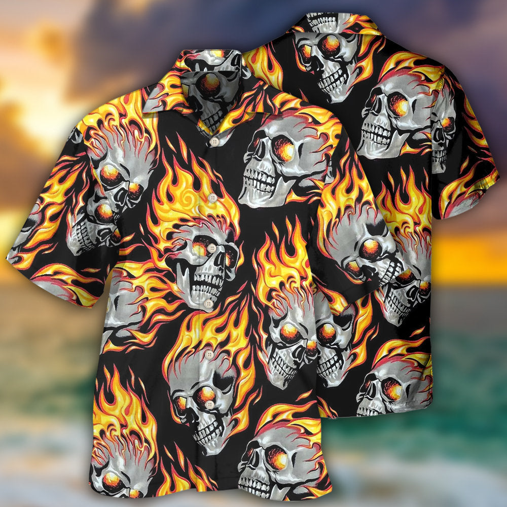 Flame Skull Hawaiian Shirt With Detailed Graphic For Tropical Escapes Resort Wear And Outdoor Celebrations