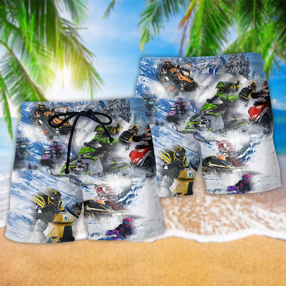 Winter Sleigh Snowy Mountain Beach Shorts Print Detail For Beach Activities And Vacation Wear