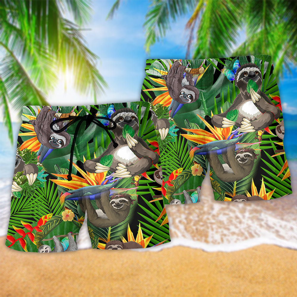 Sloth Happiness All Day Tropical Summer Hawaiian Beach Shorts For Island Getaways And Comfort