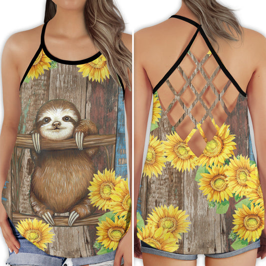 Cute Sloth Sunflower Hollow Tank Top For Yoga Practice And Summer Outings