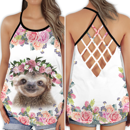 Sloth Spirit Floral Hollow Tank Top For Yoga Practice And Summer Outings