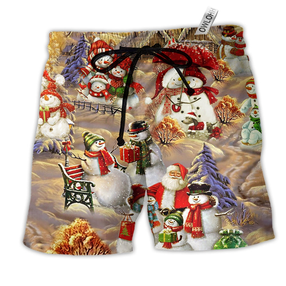 Snowman Couple Love Xmas Funny Hawaiian Print Beach Shorts For Holiday Beach Days