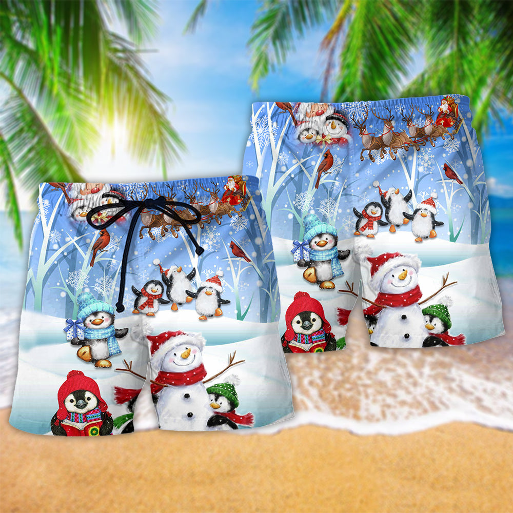 Christmas Snowman Wishing Little Cuteness Beach Shorts Pattern Detail For Poolside Fun And Distinctive Seasonal Style