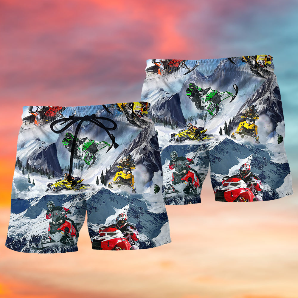 Snowmobile Adventure Ice Mountain Beach Shorts Design View For Comfortable Resort And Beach Styling