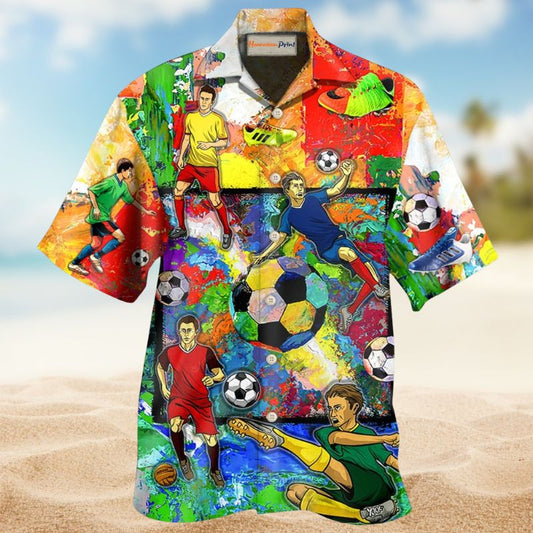 Colorful Soccer Hawaiian Shirt For Summer Vacation, Beach Travel, And Casual Wear