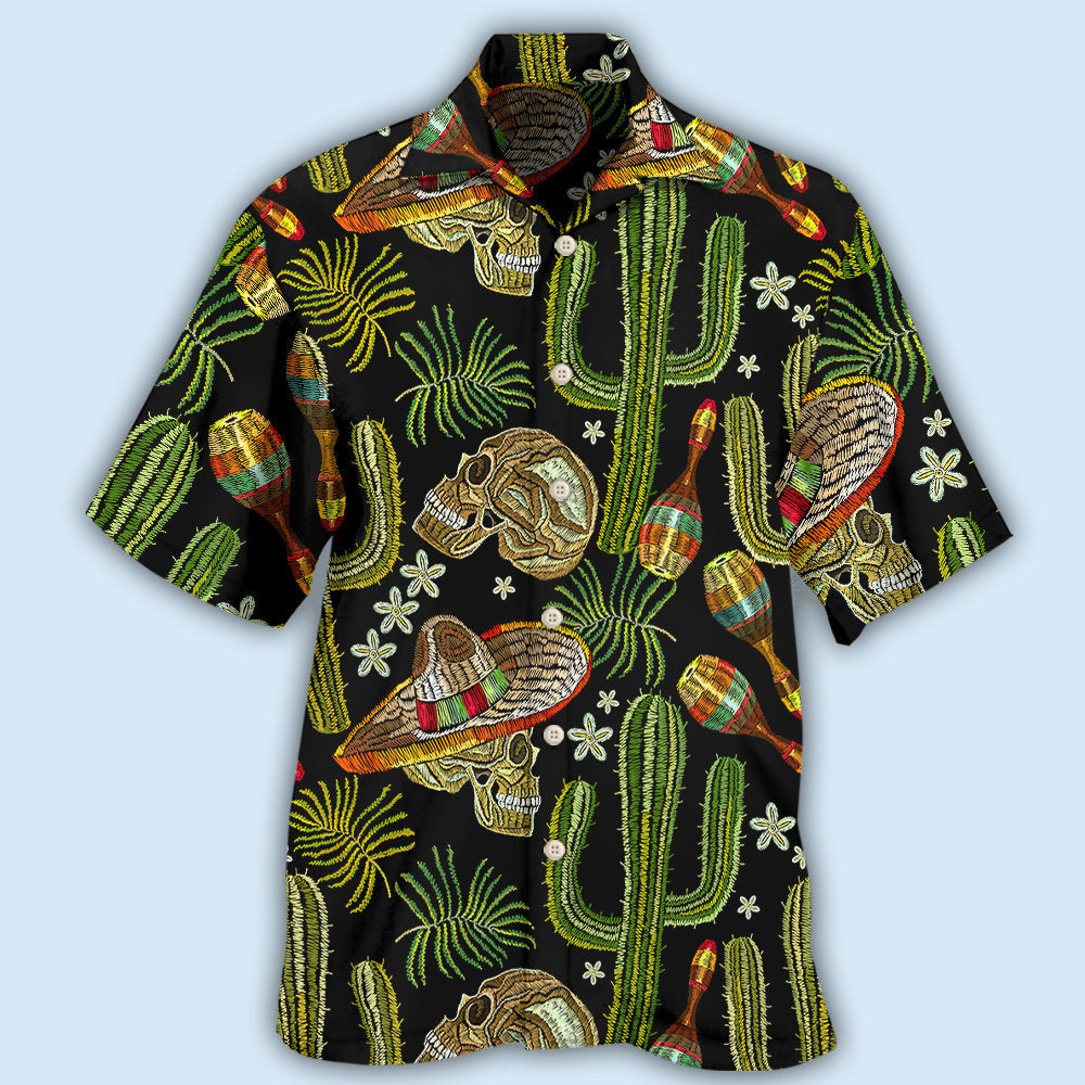 Black Skull And Mexican American Heritage Hawaiian Shirt With Detailed Graphic For Tropical Escapes Resort Wear And Outdoor