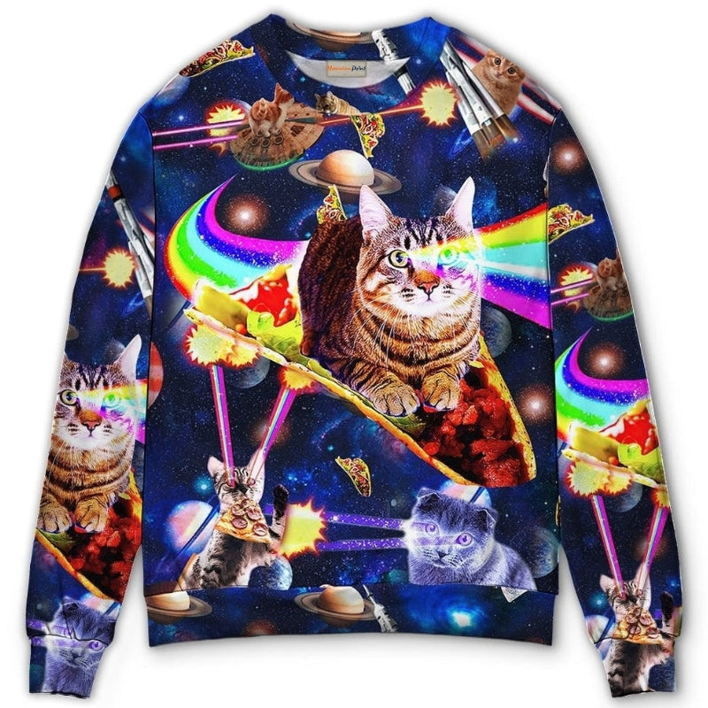 Space Cat Riding Food Galaxy Sweater For Nature Inspired Fashion Events And Relaxed Everyday Comfort