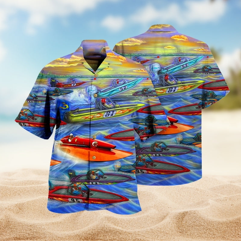 Speedboat Creative Pattern Hawaiian Shirt For Island Vacations, Resort Wear, And Relaxed Seasonal Style