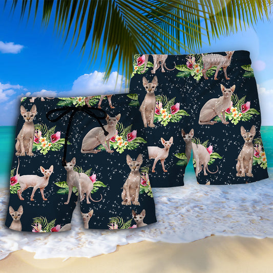 Sphynx Cat Tropical Floral Beach Shorts Artwork View For Seaside Trips And Casual Style