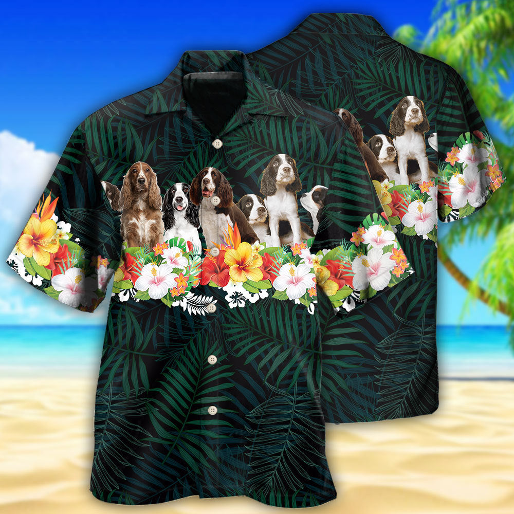 Floral Tropical Springer Spaniel Hawaiian Shirt For Tropical Holidays, Resort Trips, And Relaxed Coastal Style