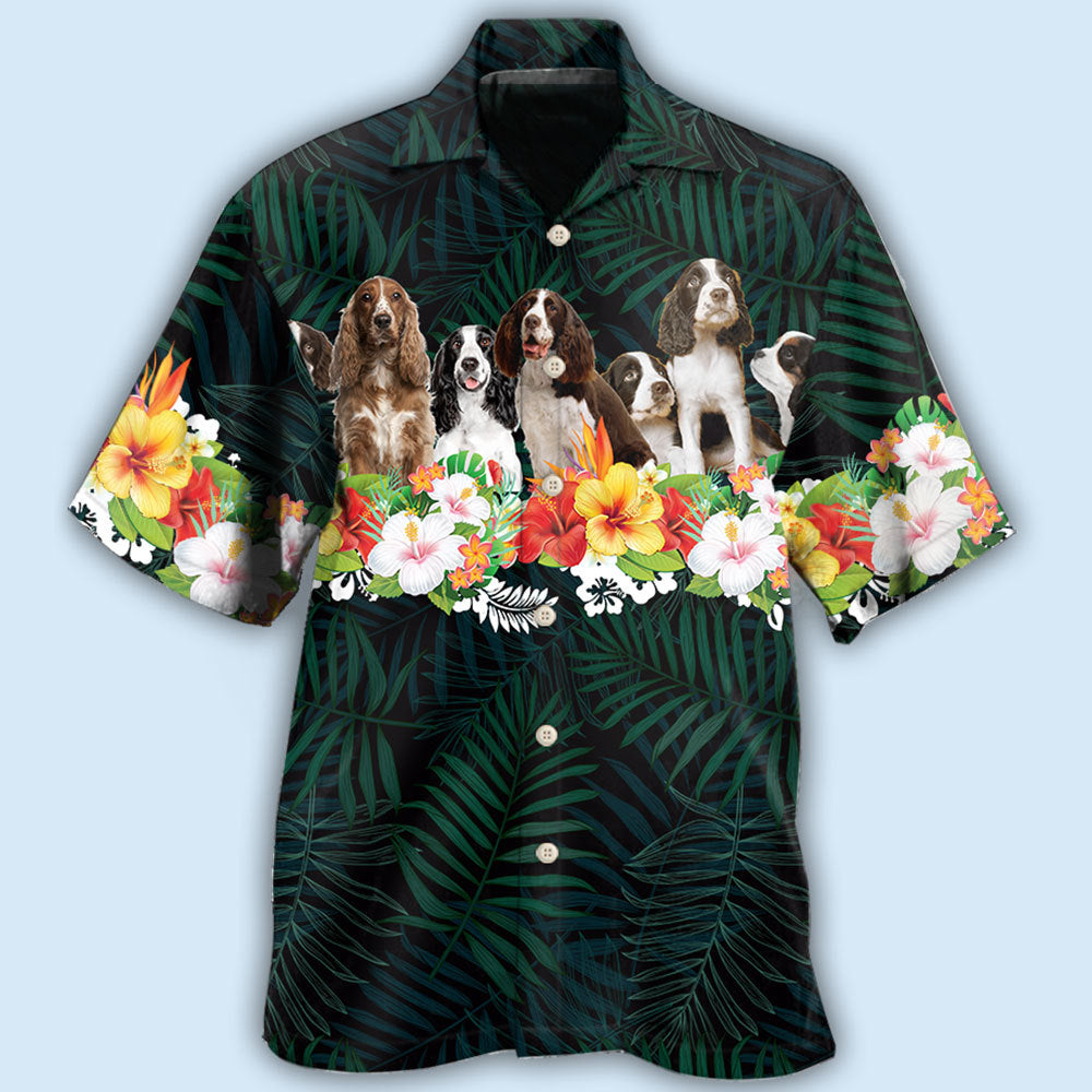 Green Tropical Floral Dog Springer Spaniel Hawaiian Shirt For Resort Getaways And Comfortable Summer Activities