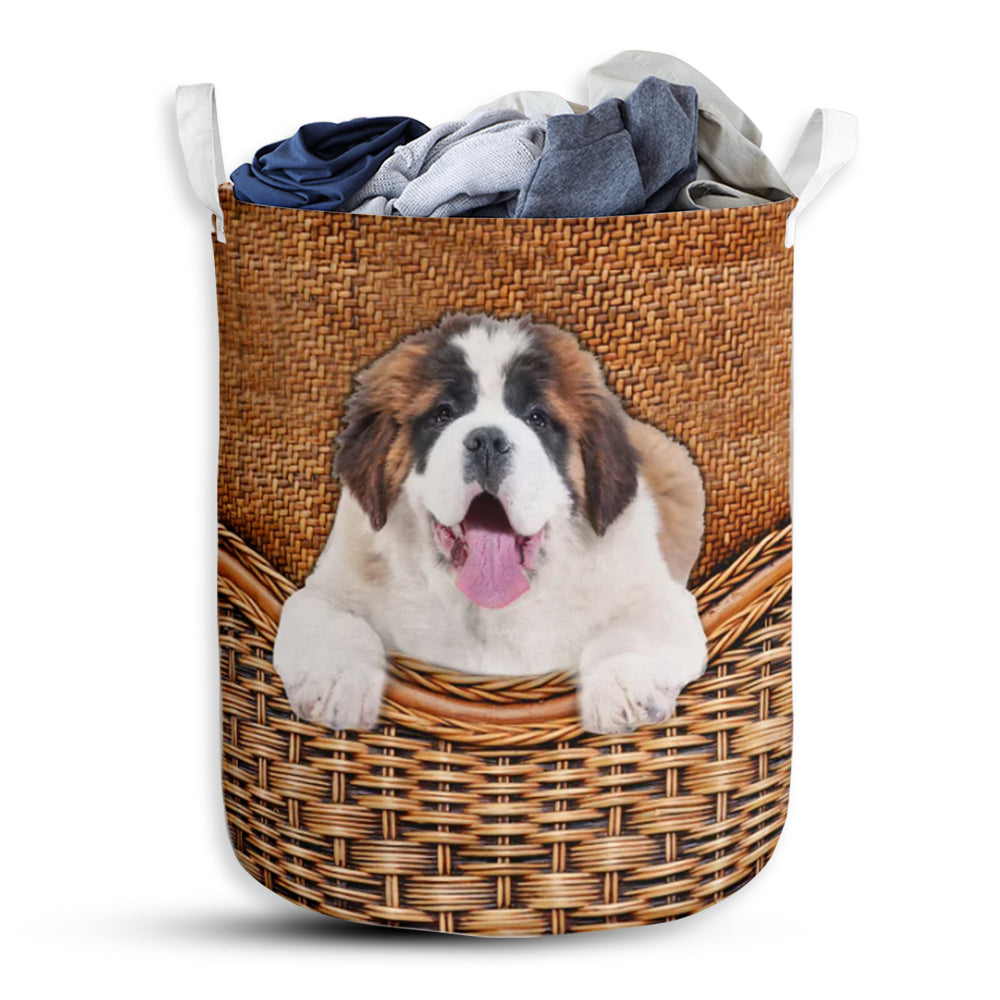 St Bernard Dog Rattan Texture Style Laundry Basket For Bathroom Bedroom Storage