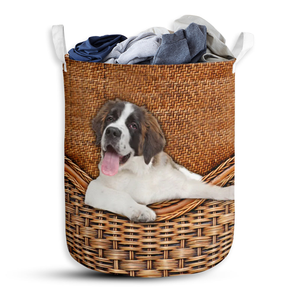 St Bernard Dog Rattan Texture Cute Laundry Basket For Bathroom Bedroom Storage