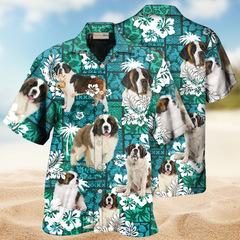 Tropical Bernard Dog Pattern Hawaiian Shirt For Island Vacations, Weekend Events, And Relaxed Everyday Outfits