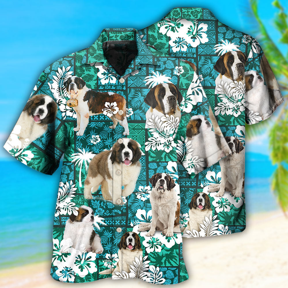 Tropical Green Dog Saint Bernard Hawaiian Shirt Design Detail For Beach Days And Holiday Travel