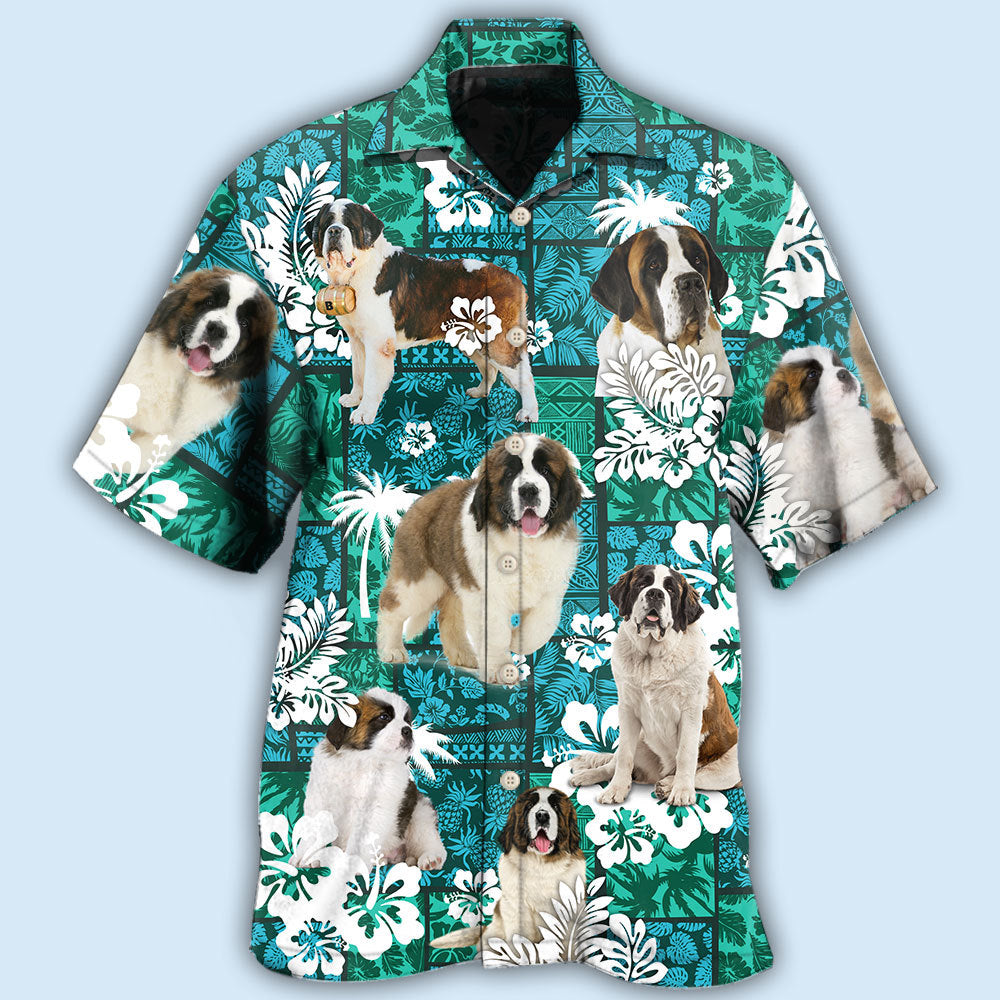 Tropical Green Dog Saint Bernard Hawaiian Shirt For Summer Events And Casual Outdoor Wear