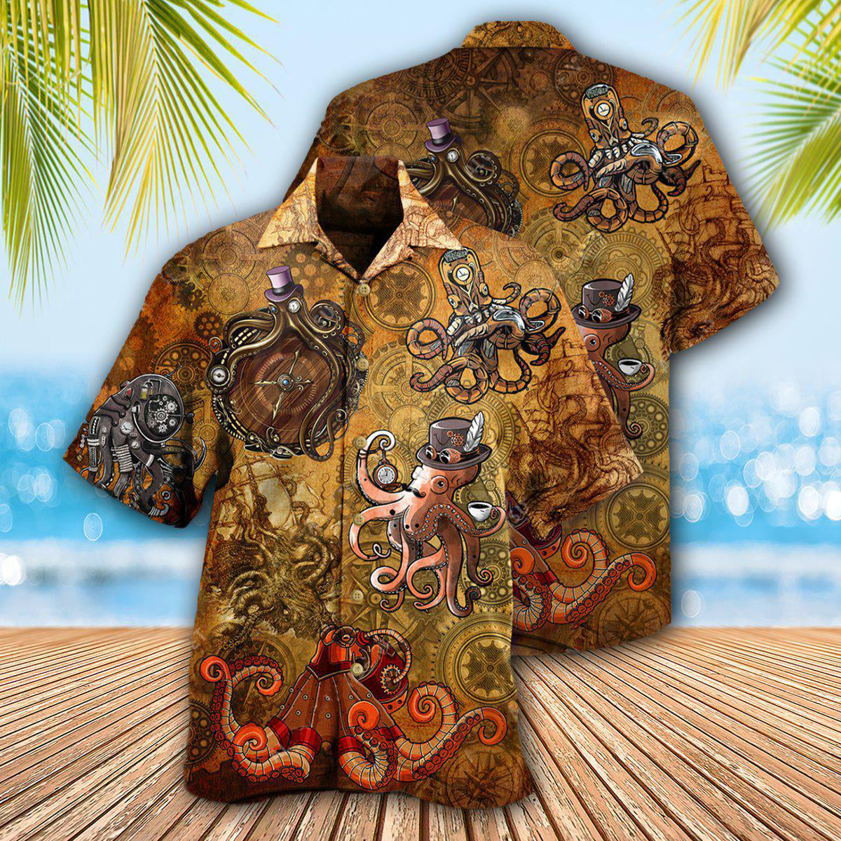 Steampunk Vintage Octopus Hawaiian Shirt Design View For Casual Summer Styling