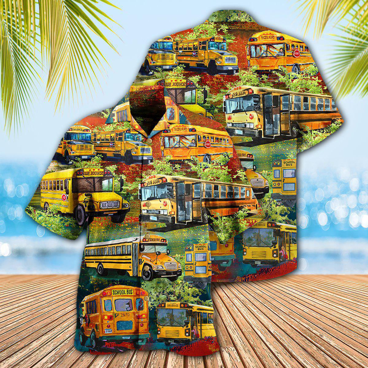 Green School Bus Stop Talking Driver Hawaiian Shirt Artwork View For Coastal Escapes And Resort Style