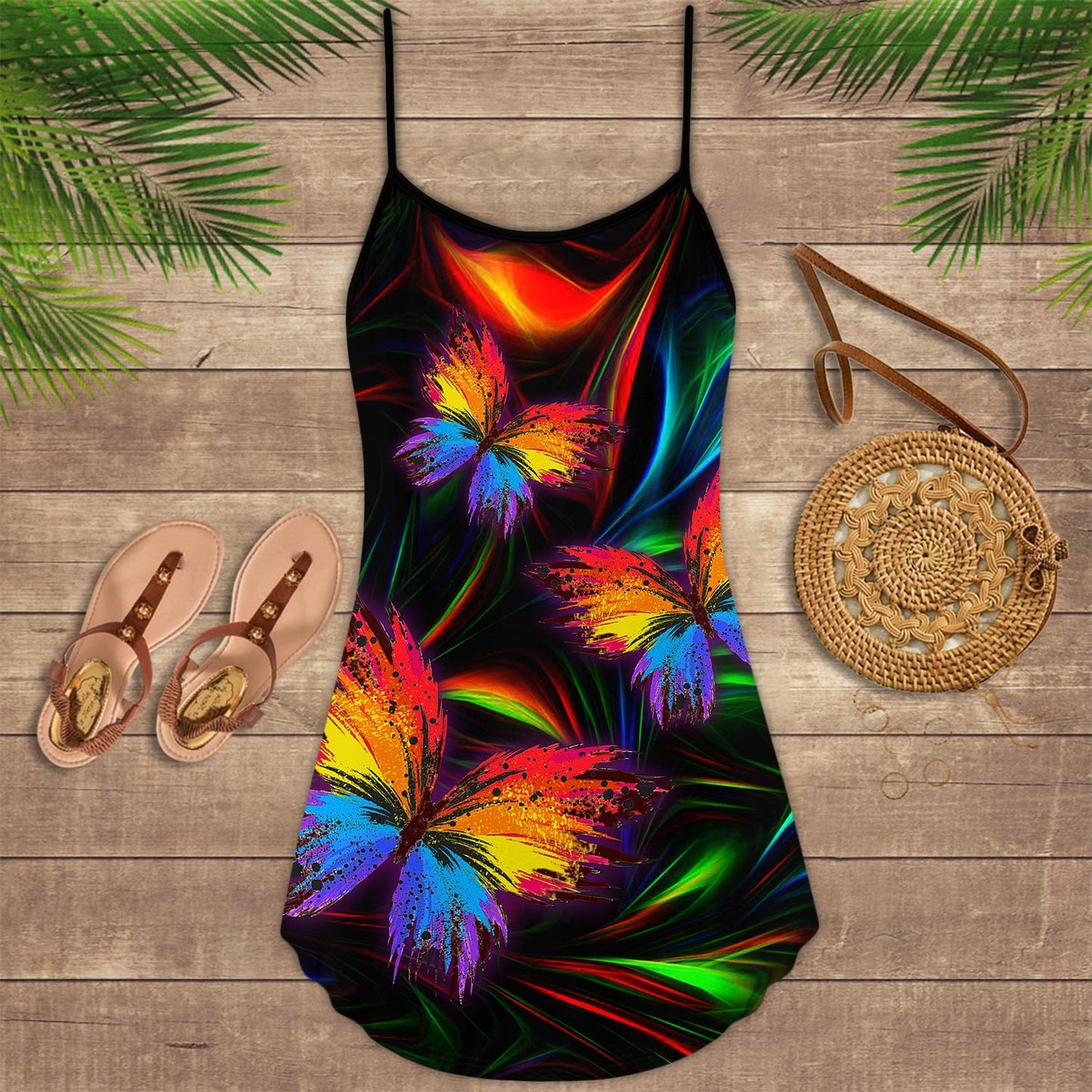 Butterfly Colorful V-Neck Sleeveless Cami Dress For Garden Parties And Relaxed Summer Wear