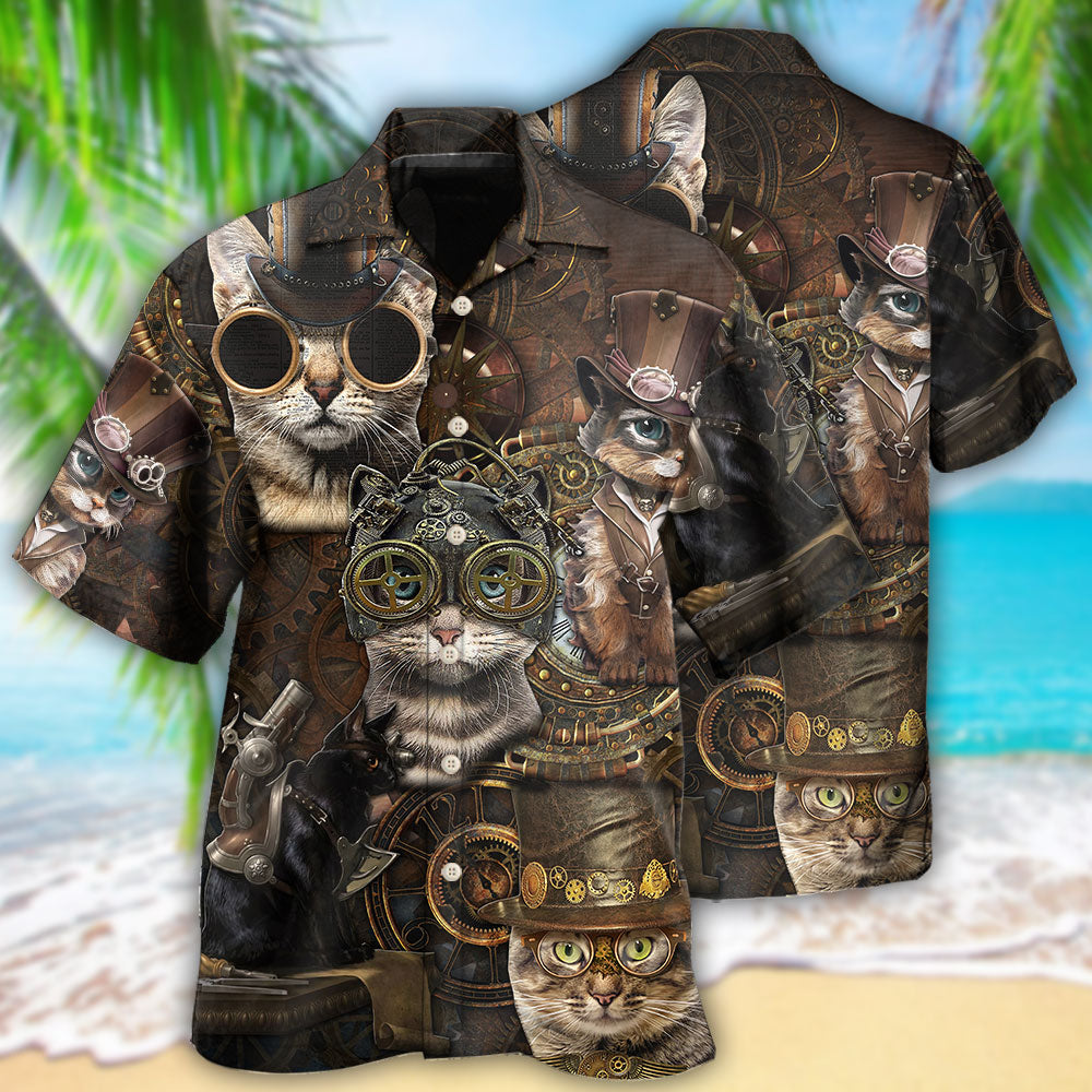 Fantasy Creative Steampunk Cats Hawaiian Shirt For Creative Adventures, Beach Travel, And Bold Warm Weather Wear