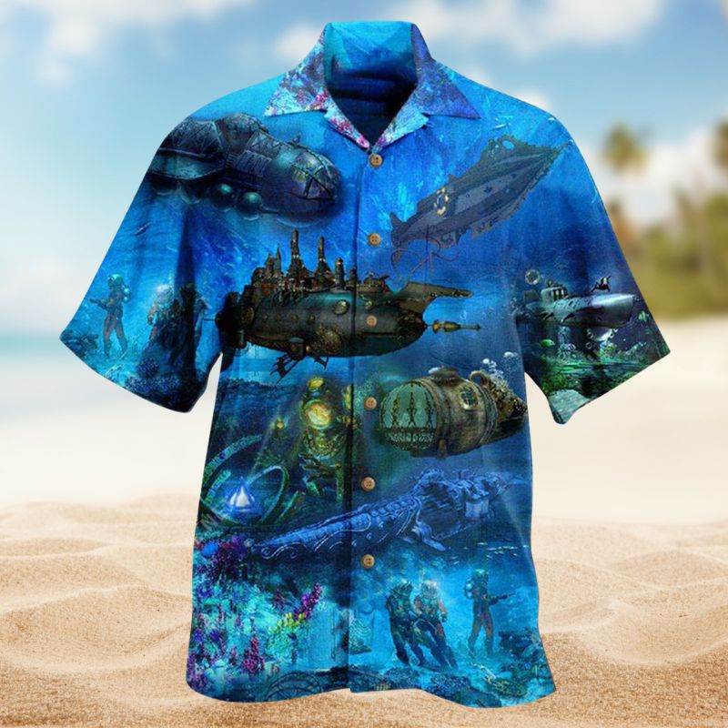 Submarine Under Sea Hawaiian Shirt For Summer Vacation, Beach Travel, And Casual Wear