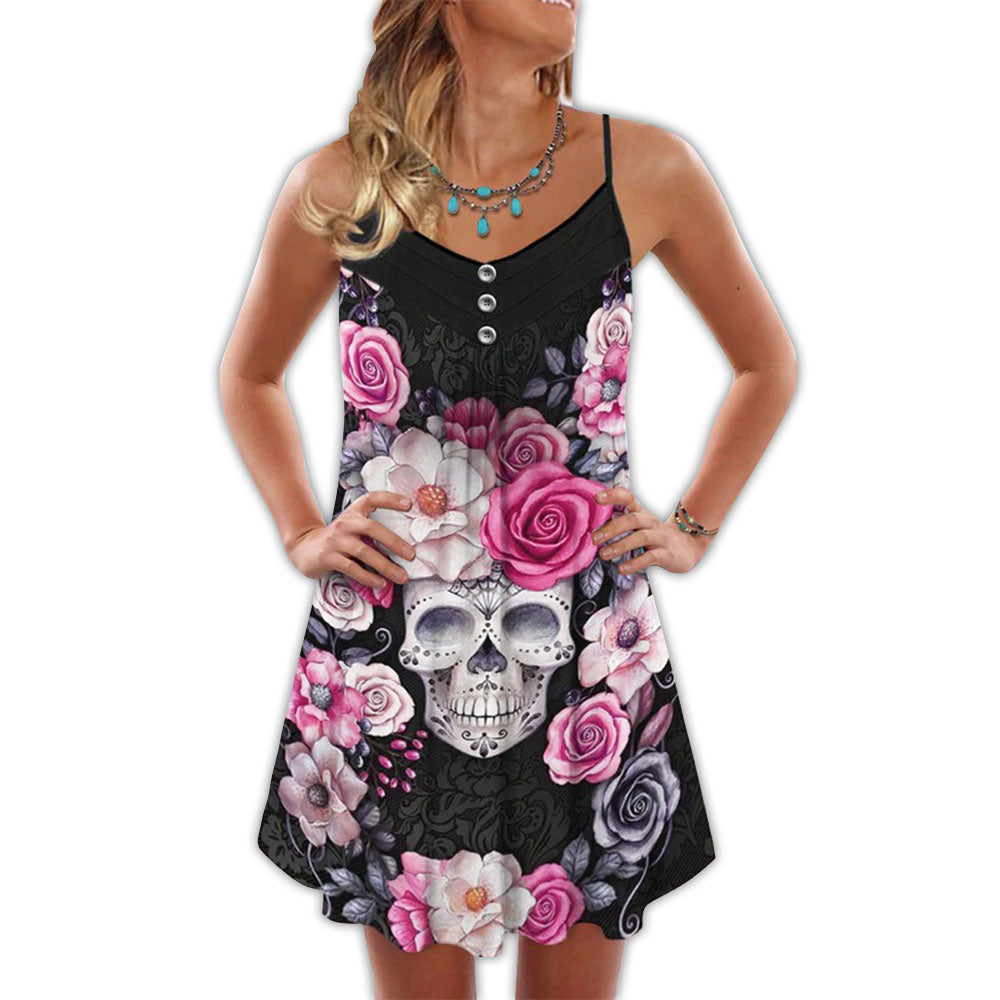 Sugar Skull Rose Floral V-Neck Sleeveless Cami Dress For Gothic Events And Relaxed Casual Wear