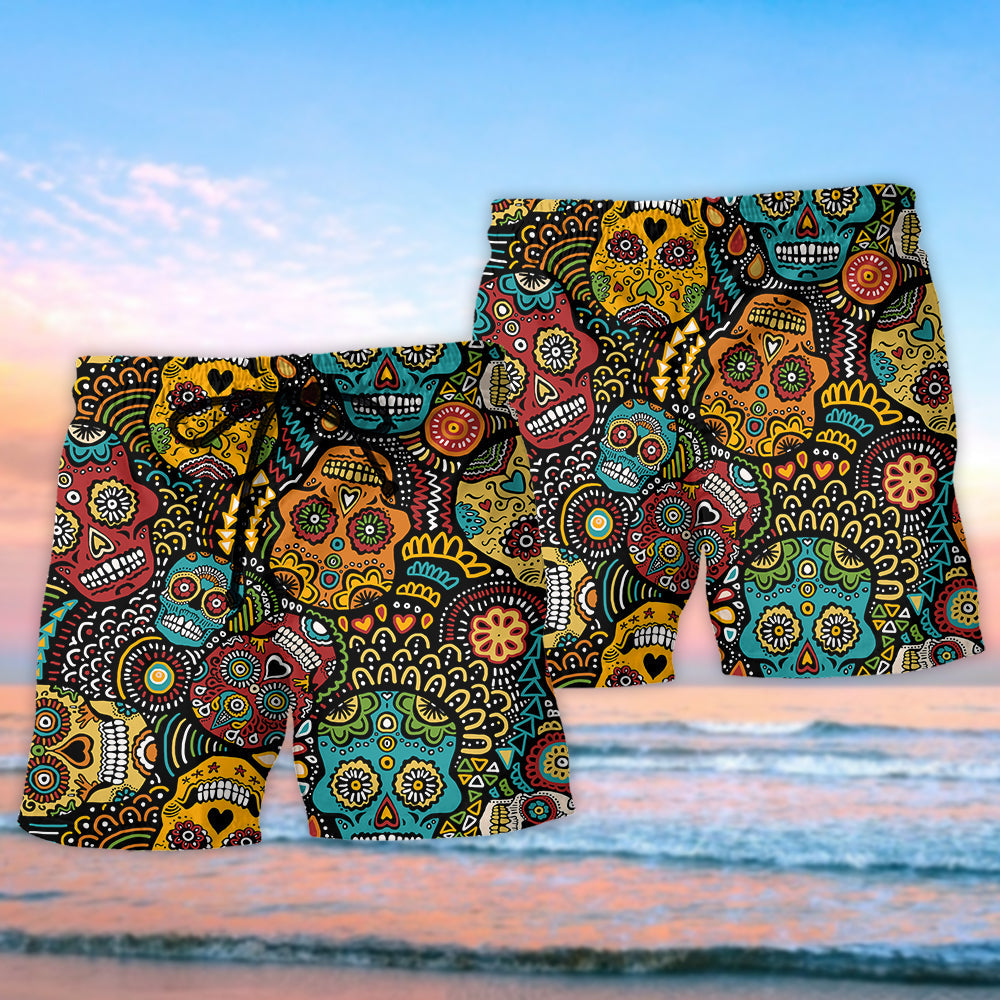 Sugar Skull Minimal Beach Shorts Pattern View For Coastal Holidays And Casual Activities