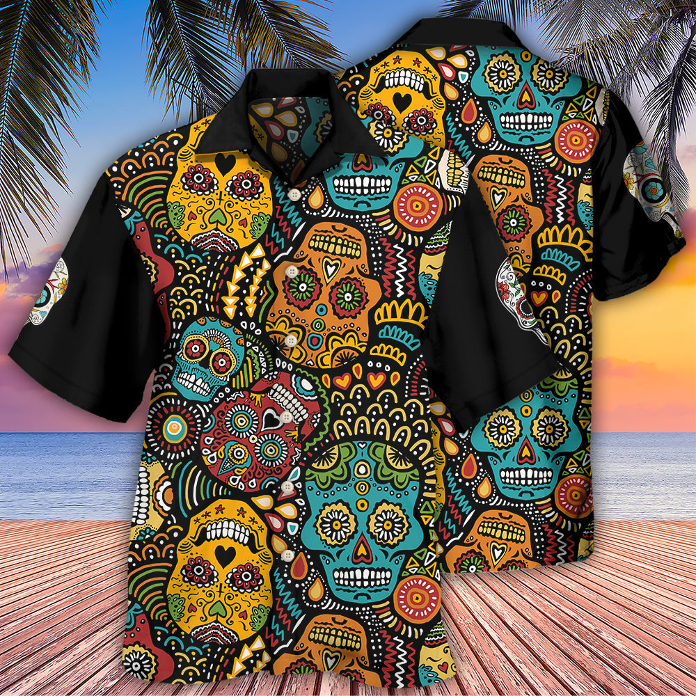 Creative Colorful Sugar Skull Hawaiian Shirt For Island Vacations, Resort Wear, And Relaxed Seasonal Style