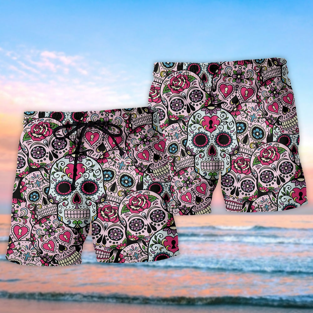 Colorful Sugar Skull Creative Mix Beach Shorts Artwork Detail For Comfortable Everyday Summer Wear