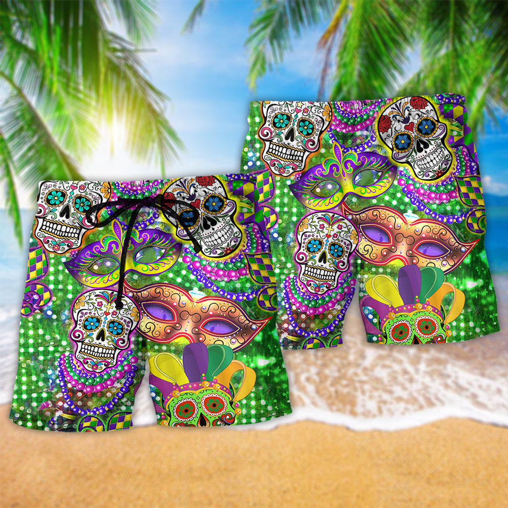 Mardi Gras Sugar Skull Color Beach Shorts Pattern Detail For Leisure Travel And Laid Back Daily Wear