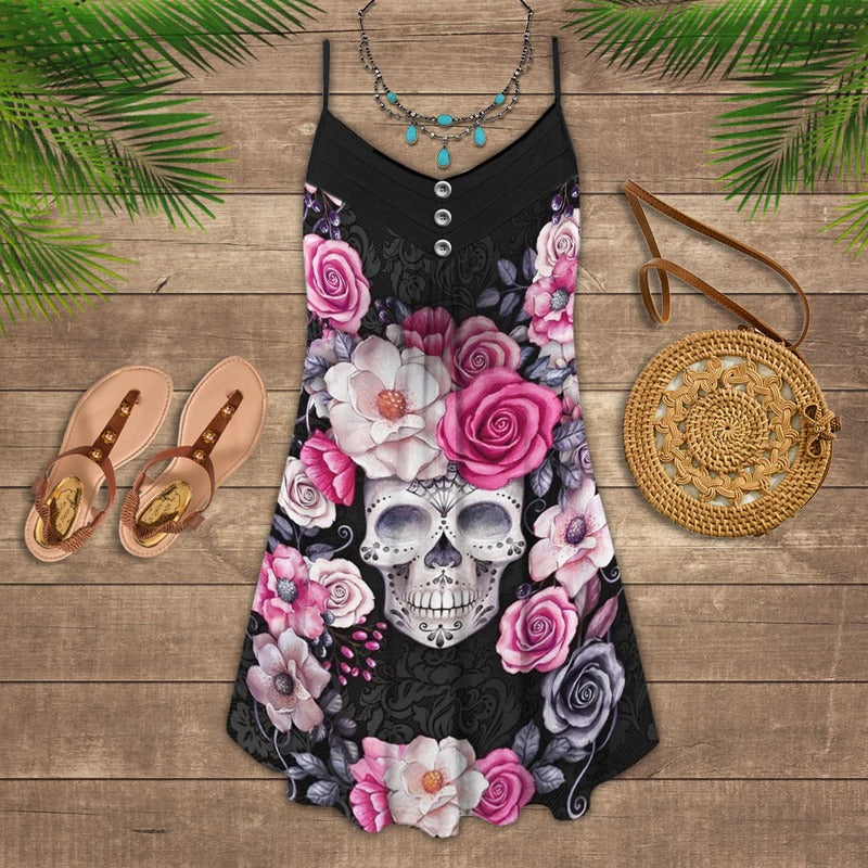 Sugar Skull Rose Floral V-Neck Sleeveless Cami Dress For Gothic Events And Relaxed Casual Wear