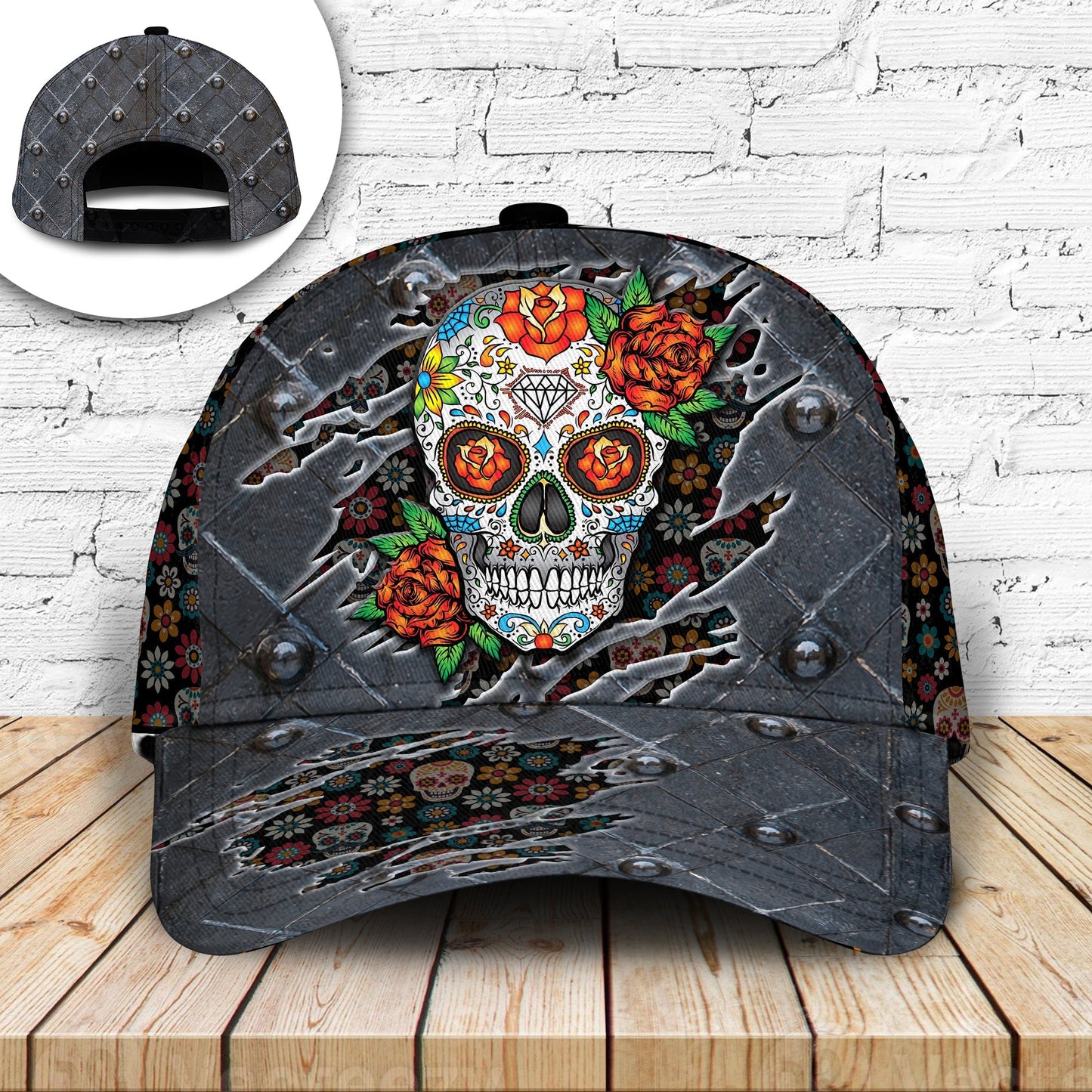 Sugar Skull Rose Metal Classic Cap For Festivals Holidays And Comfortable Everyday Wear