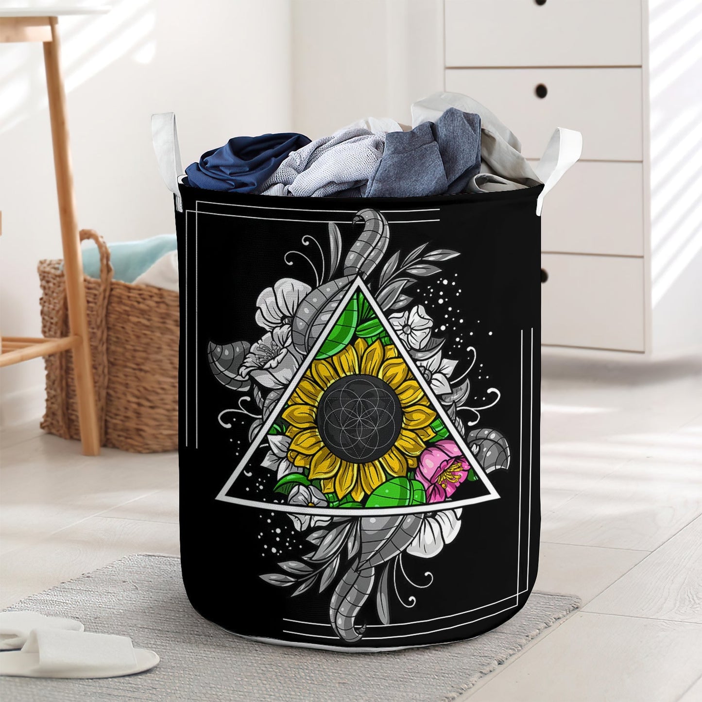 Sunflower Peace Floral Black Style Laundry Basket For Bathroom Bedroom Storage