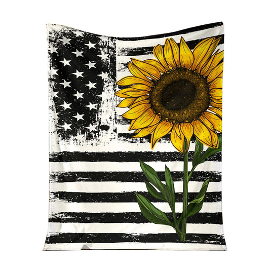 Sunflower American Flag Flannel Blanket For Cozy Bedroom Sofa Decor