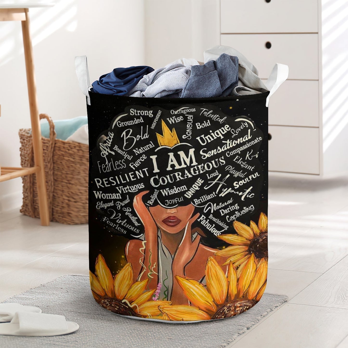 Sunflower Black Woman I'm Strong Laundry Basket For Bathroom Bedroom Storage