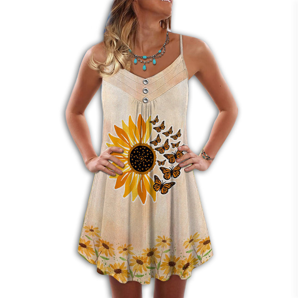 Butterfly And Sunflower Loves V-Neck Sleeveless Cami Dress For Floral Vacations And Casual Everyday Style