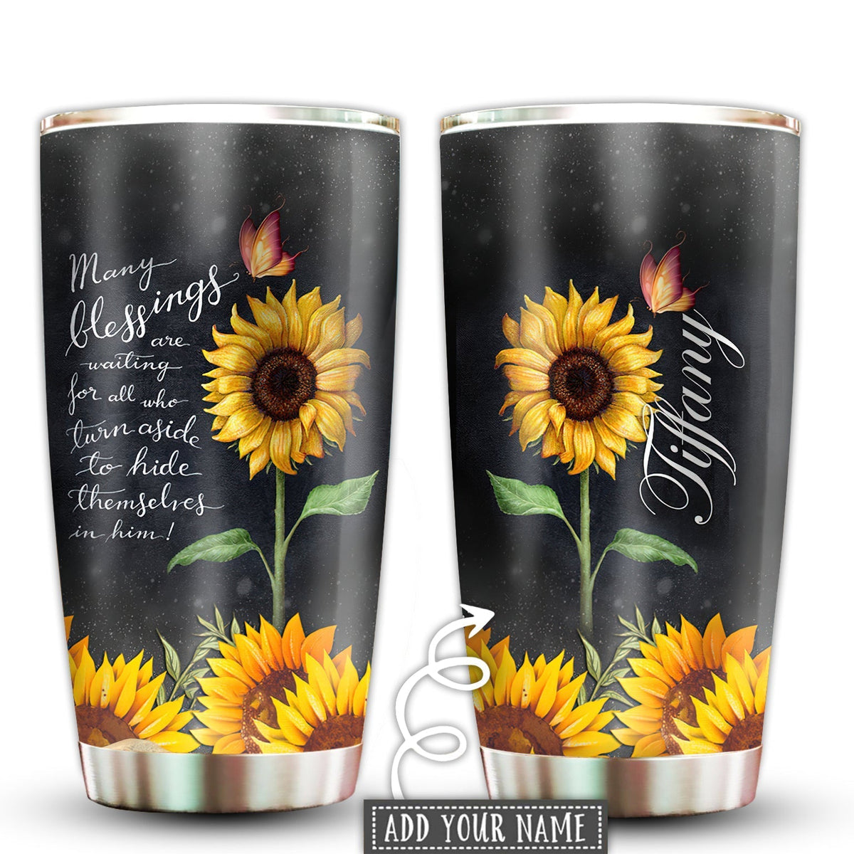 Sunflower Many Blessings Butterfly Personalized 20 Oz Tumbler For Coffee Travel And Daily Drinks