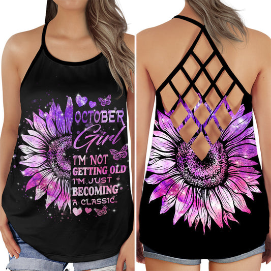 October Girl Sunflower Purple Hollow Tank Top For Yoga Practice And Summer Outings