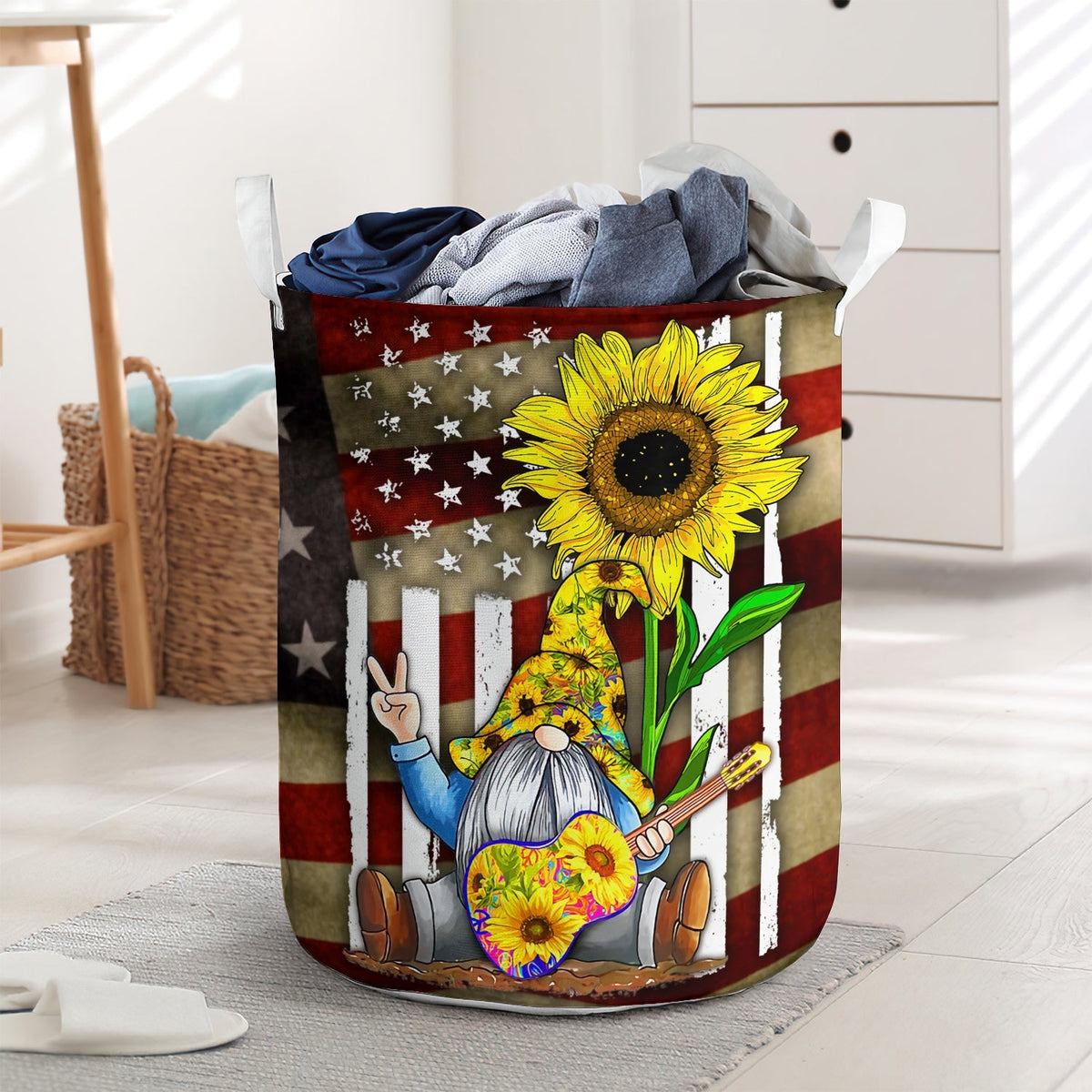 Sunflower Gnome Guitar American Flag Laundry Basket For Bathroom Bedroom Storage
