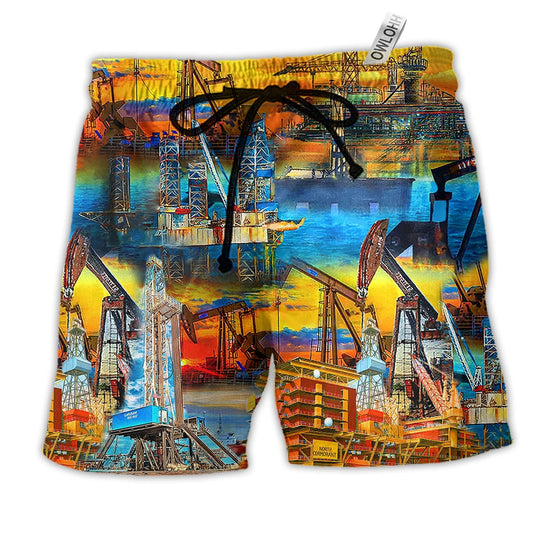 Sunset At The Oil Field Hawaiian Print Beach Shorts For Coastal Adventures And Resort Days