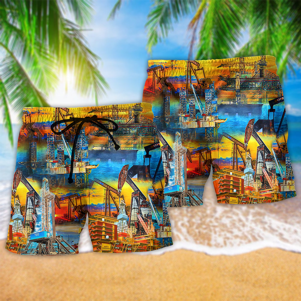 Oil Field Sunset Beach Shorts Pattern Detail For Casual Summer Plans And Relaxed Holiday Style