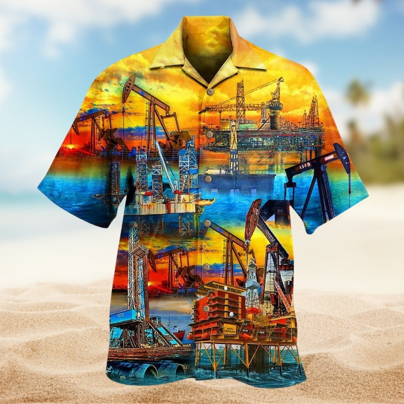 Sunset Oil Field Hawaiian Shirt For Resort Trips, Coastal Parties, And Warm Weather Style