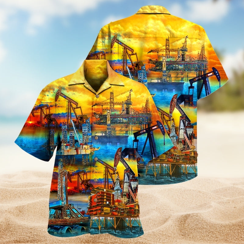 Sunset Oil Field Hawaiian Shirt For Resort Trips, Coastal Parties, And Warm Weather Style