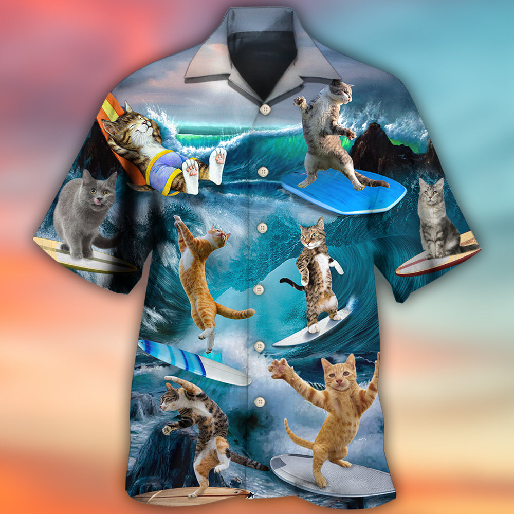 Cute Surfing Cats Hawaiian Shirt Artwork View For Coastal Escapes And Resort Style