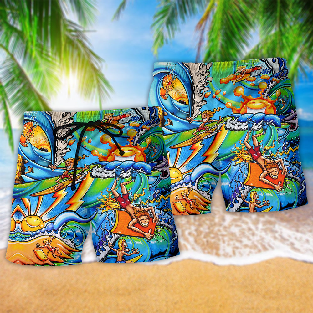 Happy Surfing Colorful Wave Beach Shorts Pattern View For Coastal Holidays And Casual Activities