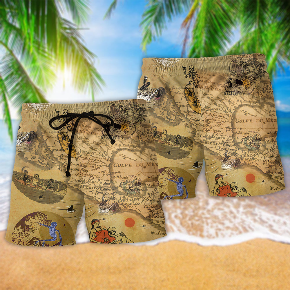 Vintage Surfing Skeleton Adventure Beach Shorts For Summer Vacation And Coastal Travel